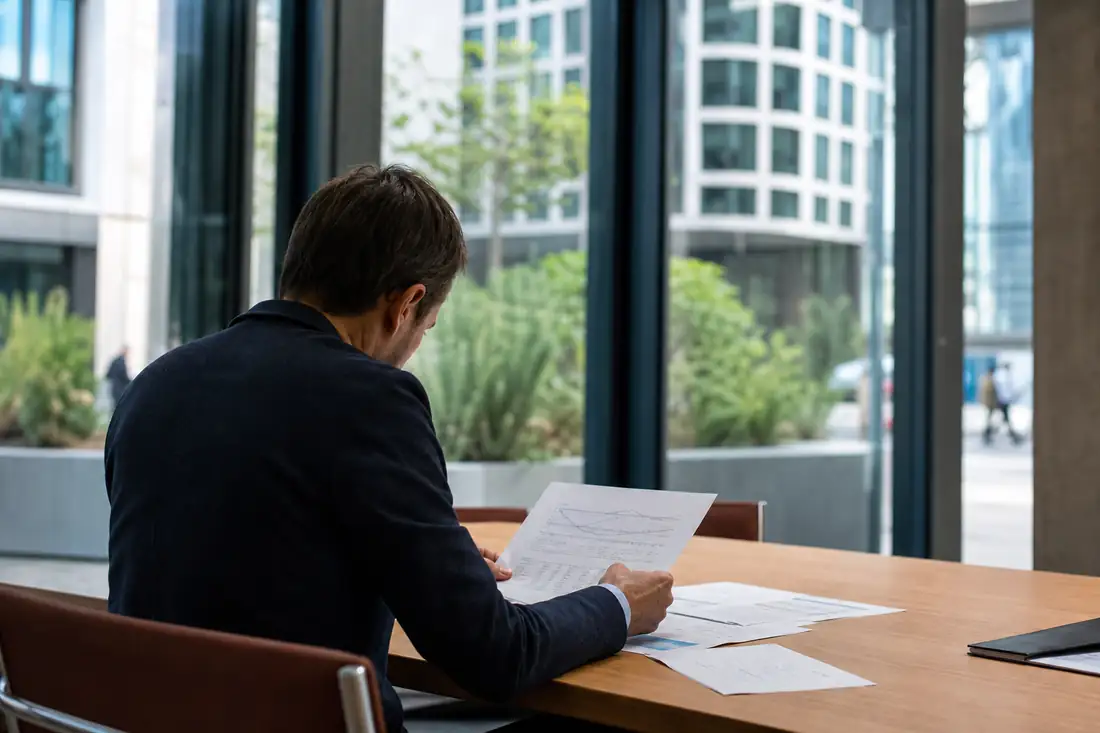 Gestionnaire examinant des documents financiers dans le hall vitré d’un immeuble de bureaux moderne.