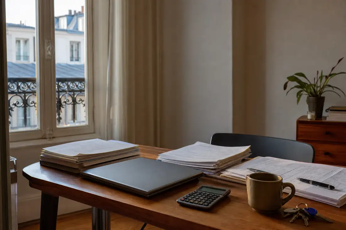 Bureau à domicile d’un travailleur indépendant, liasses comptables et dossier de financement posés sur la table