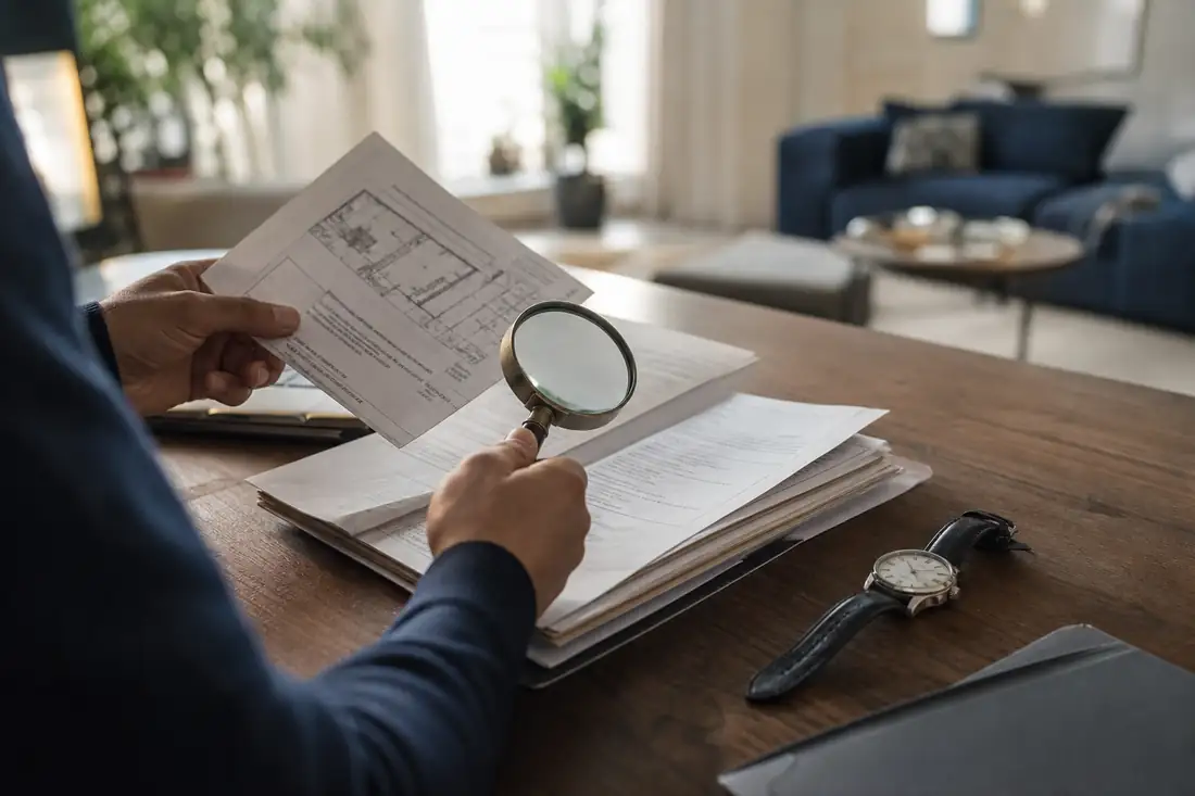 Documents fonciers et montre posés sur une table, illustrant la vérification d’un patrimoine déclaré.
