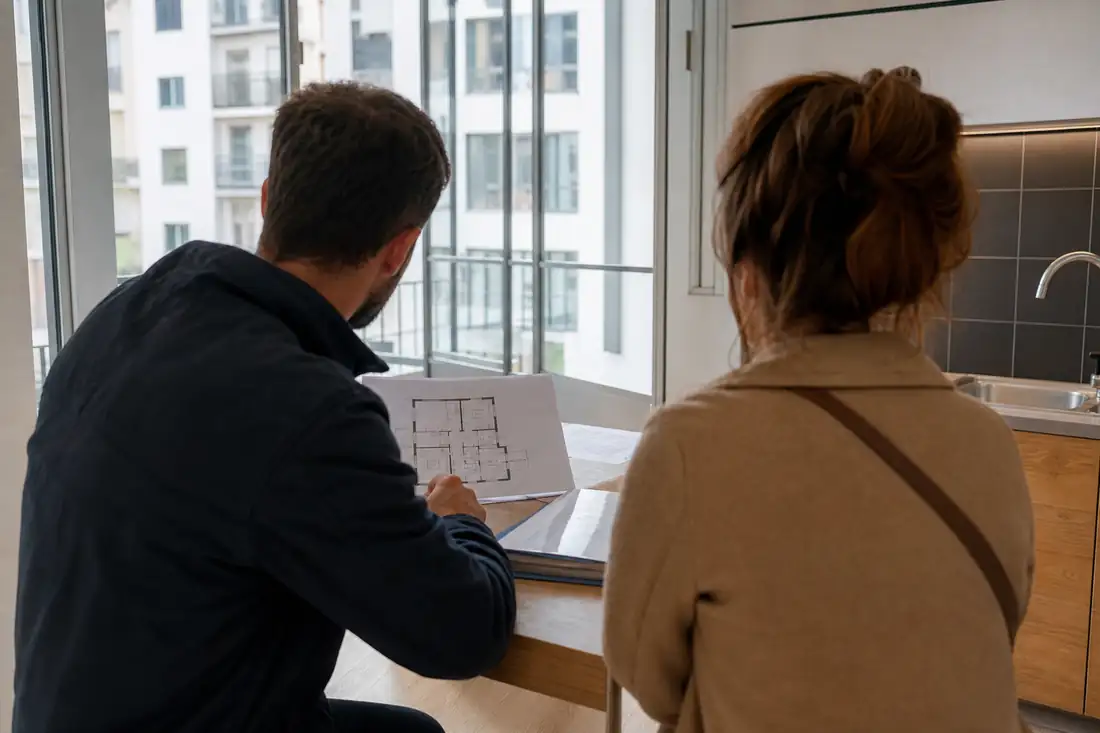 Couple de dos examinant un dossier d’achat dans un appartement neuf en zone urbaine.