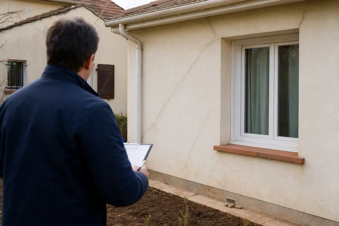 Fissures diagonales sur le mur d’une maison individuelle, examinées après un épisode de sécheresse.
