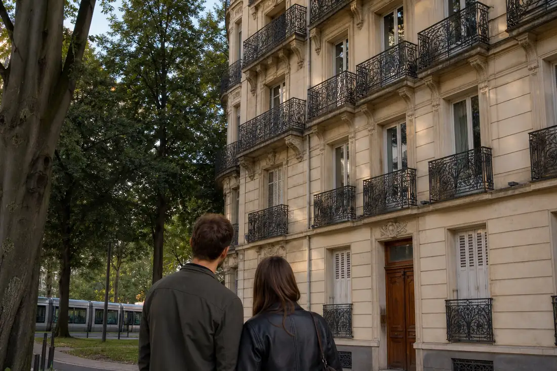 Immeuble ancien bordant un parc urbain à Saint-Étienne, avec arbres matures et voie de tramway en arrière-plan.