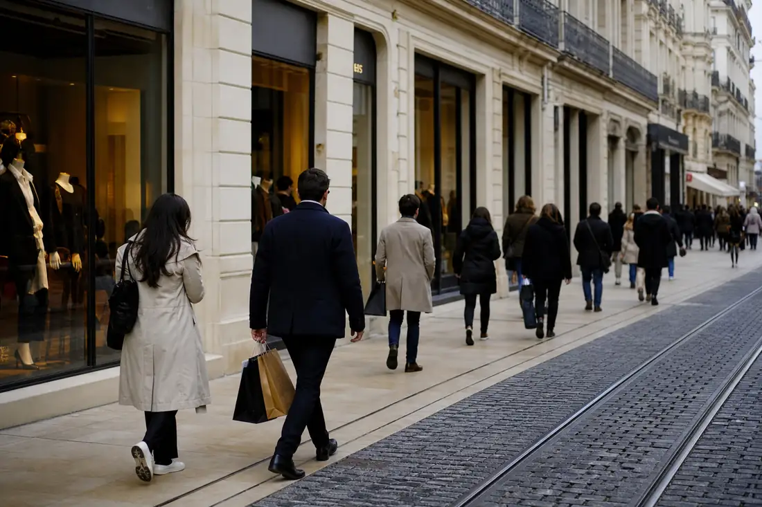 Rue commerçante animée avec devantures de boutiques et ligne de tramway