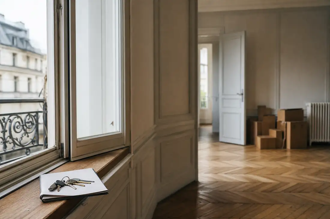 Séjour vide d’un appartement le jour du départ du locataire, trousseau de clés et dossier posés sur le rebord de fenêtre