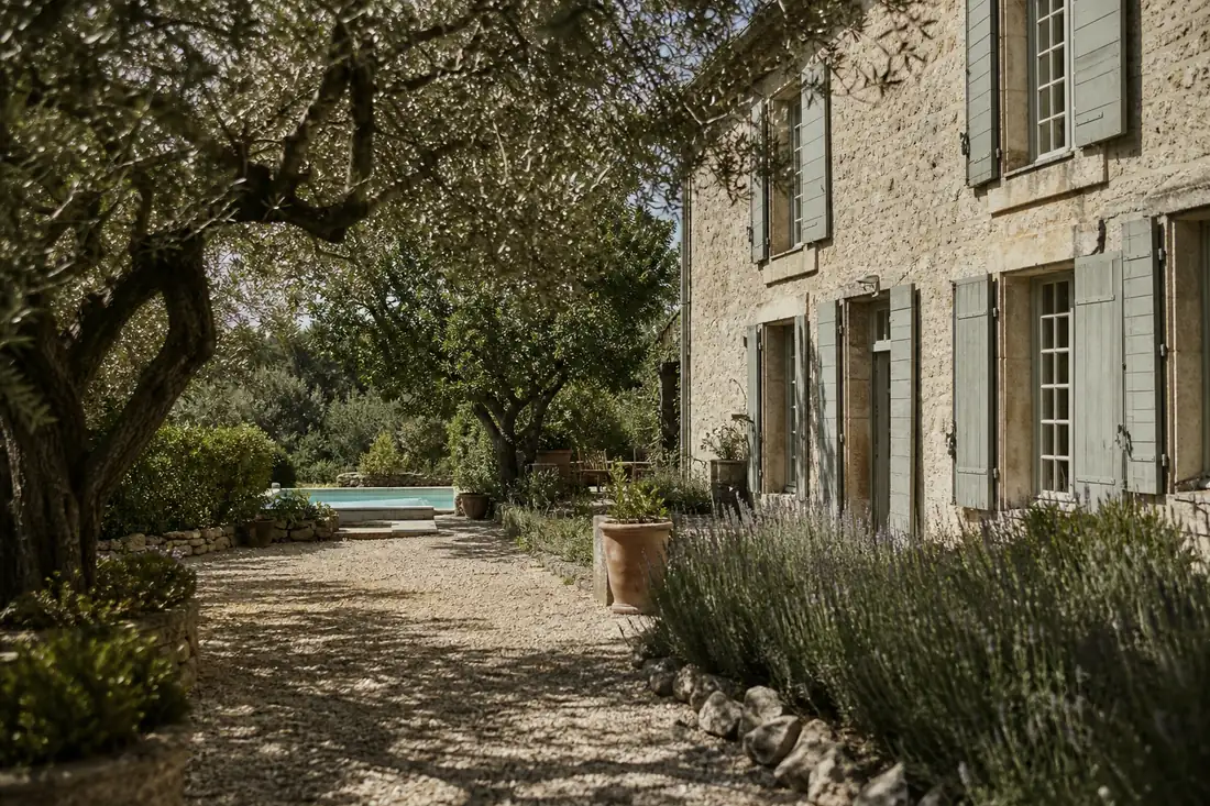 Mas provençal en pierre avec oliviers, cour ombragée et piscine dans un paysage sec du sud de la France.