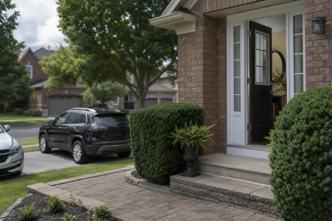 Rue résidentielle de Newmarket en Ontario, avec maisons individuelles en brique et arbres matures en été.