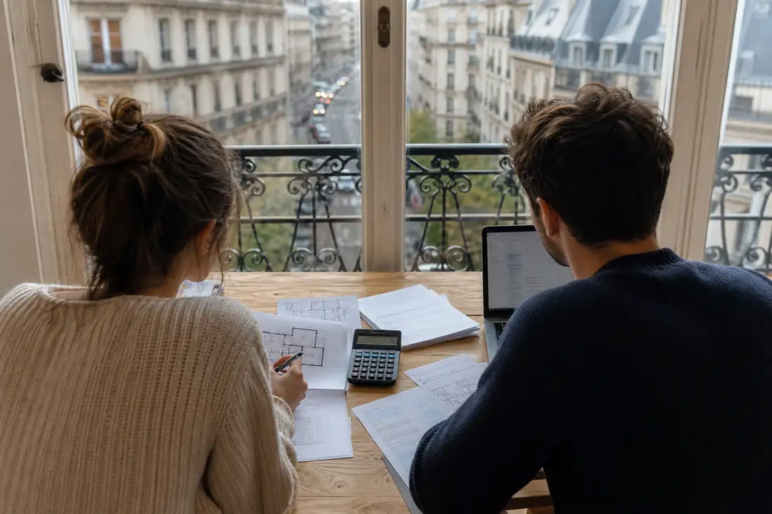 Couple examinant un plan et un budget de crédit pour acheter un appartement dans une grande ville française.