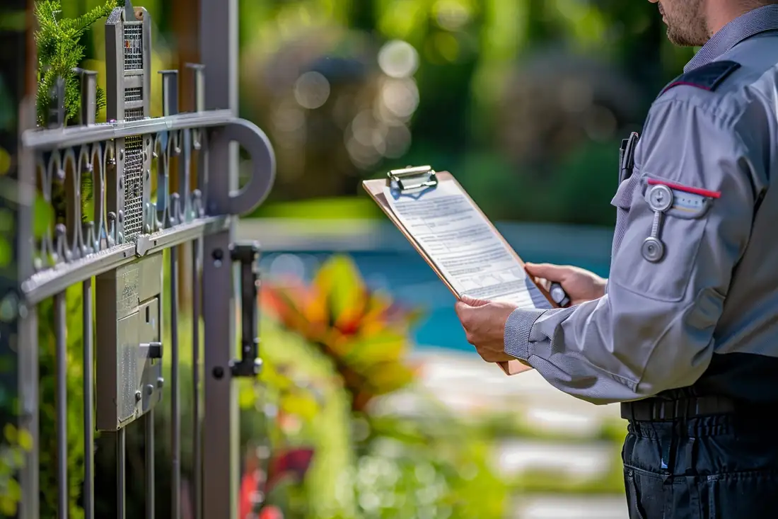 Barrière de sécurité fermée autour d’une piscine enterrée dans le jardin d’une maison individuelle.