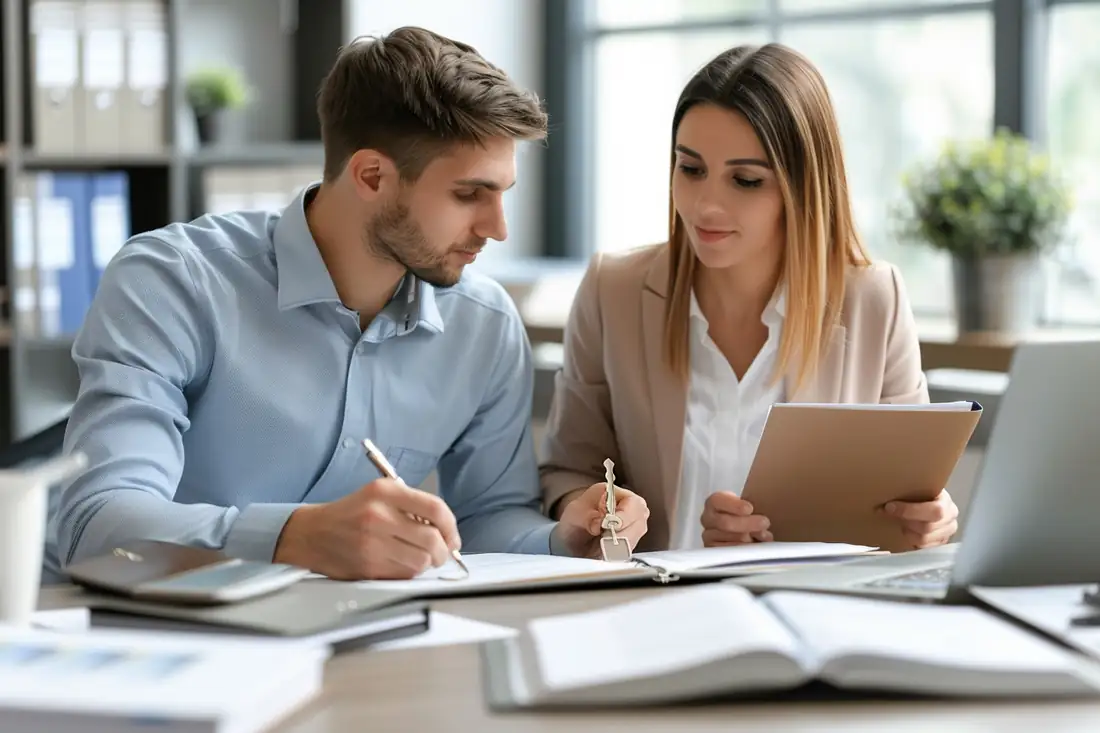 Table de salon avec clés, dossier immobilier et calculatrice lors d’un partage de logement après divorce.
