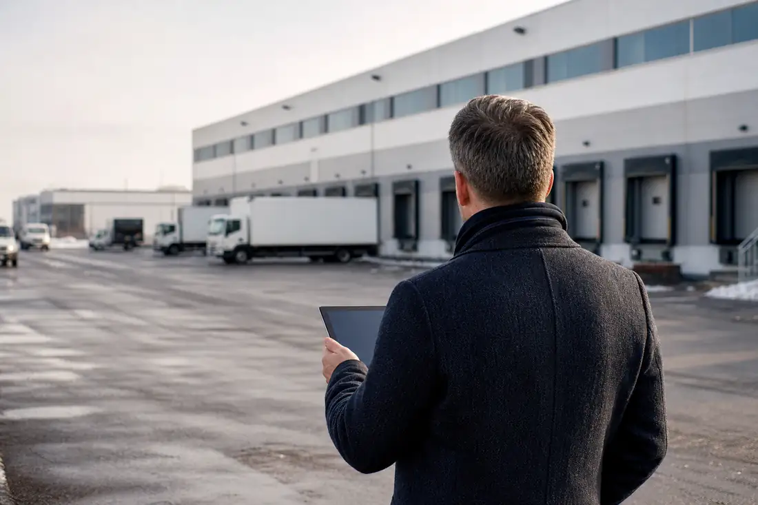 Entrepôt logistique moderne avec quais de chargement, camions flous et bâtiments industriels en arrière-plan.