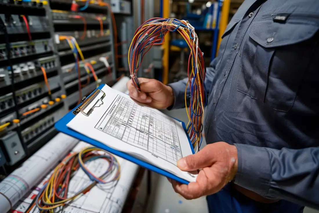Électricien contrôlant un tableau électrique ouvert lors d’un diagnostic dans un appartement ancien.