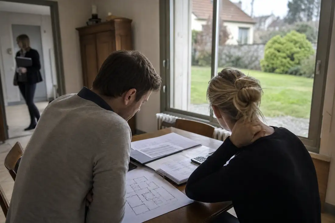 Couple examinant plans et devis sur une table face à une maison ancienne lors d’une visite immobilière.