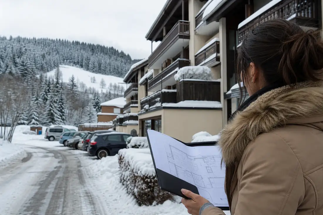 Résidence de montagne enneigée avec balcons, voitures stationnées et versant boisé dans une station française.