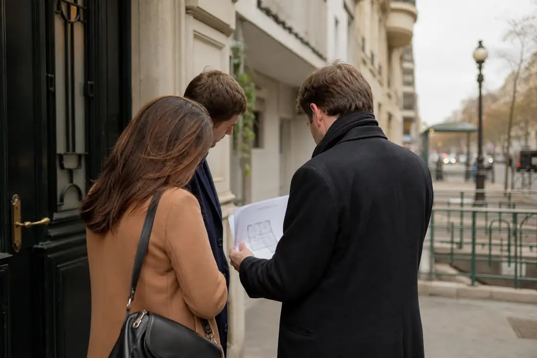 Immeubles résidentiels franciliens et acquéreurs consultant un dossier immobilier dans un quartier urbain.
