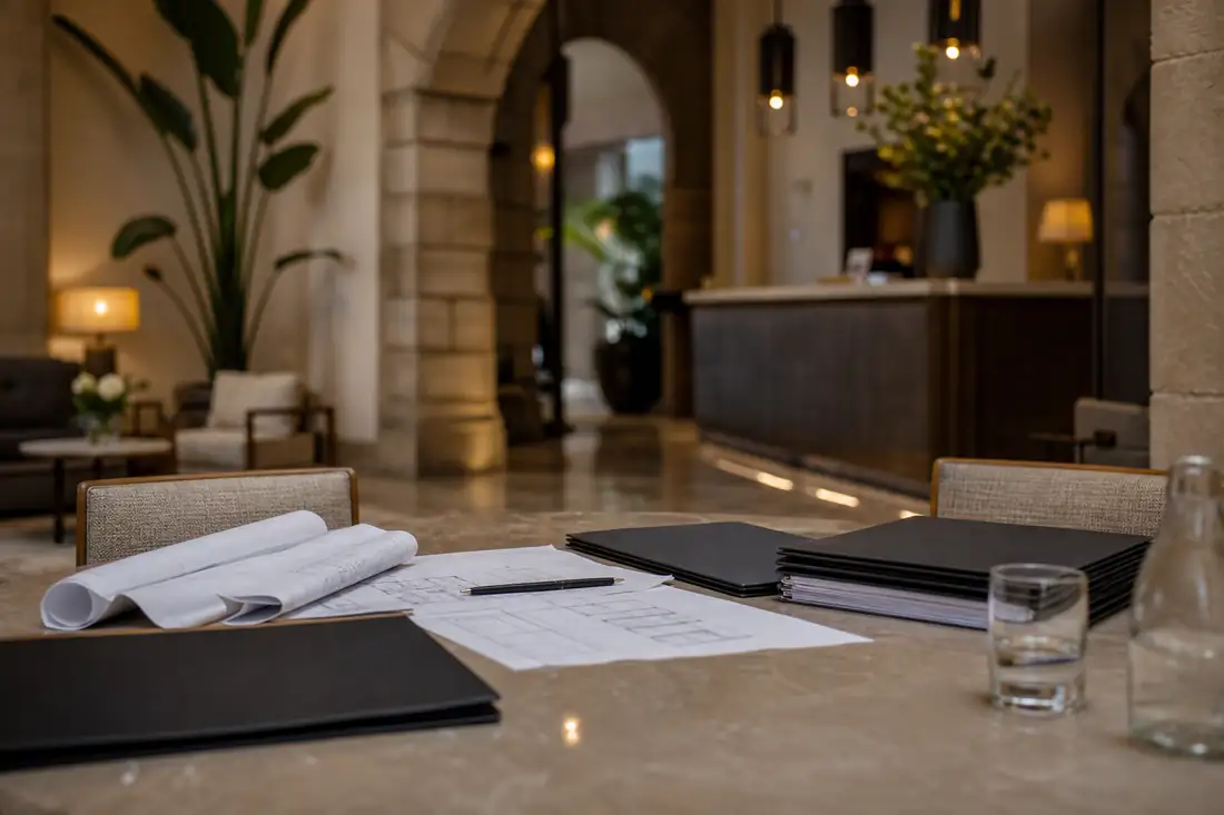 Hall lumineux d’un hôtel urbain espagnol avec des dossiers d’investissement posés sur une table de réunion.