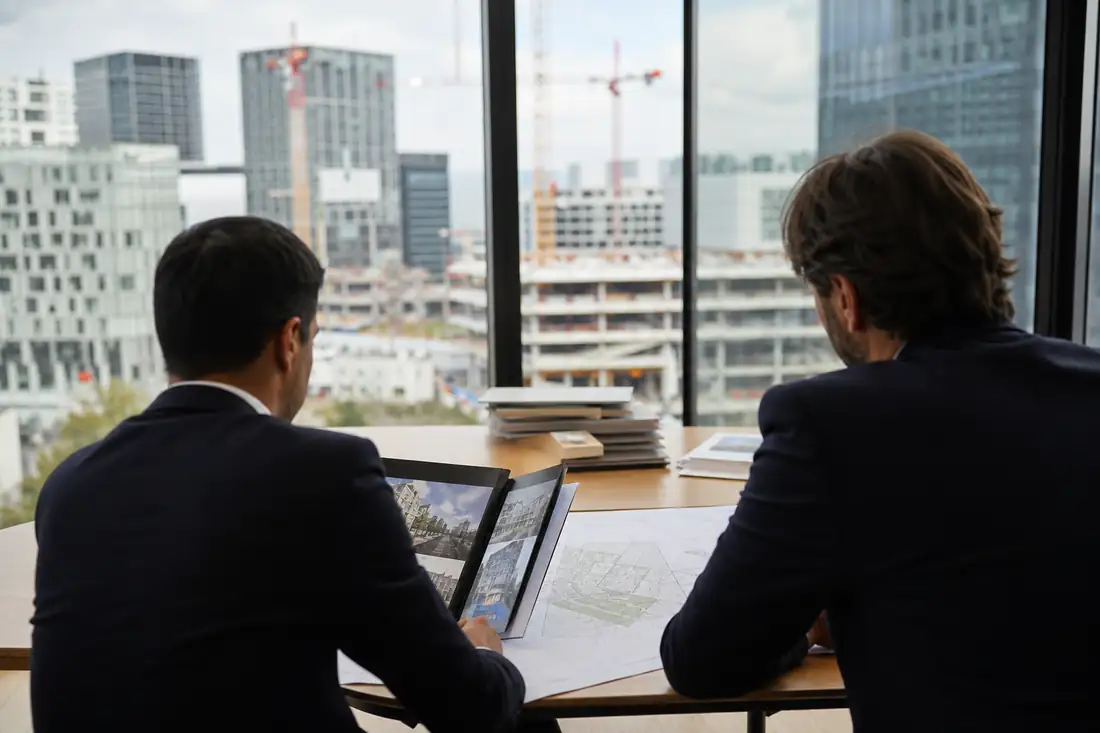 Réunion d’investissement dans un bureau face à un quartier urbain en transformation et à des plans immobiliers.