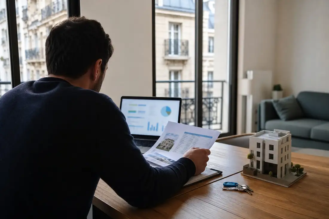 Investisseur examinant des documents de SCPI et un ordinateur dans un appartement lumineux, sans visage visible.