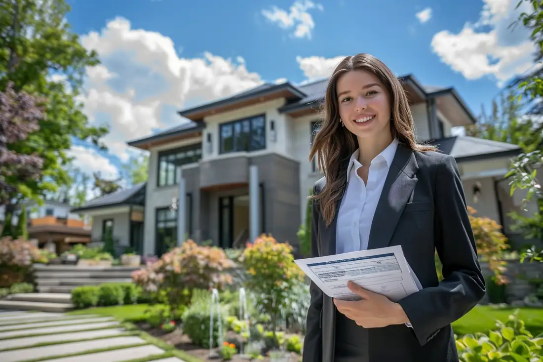 Dossier de vente immobilière avec acte d’achat, factures de travaux et calculatrice sur un bureau de notaire.