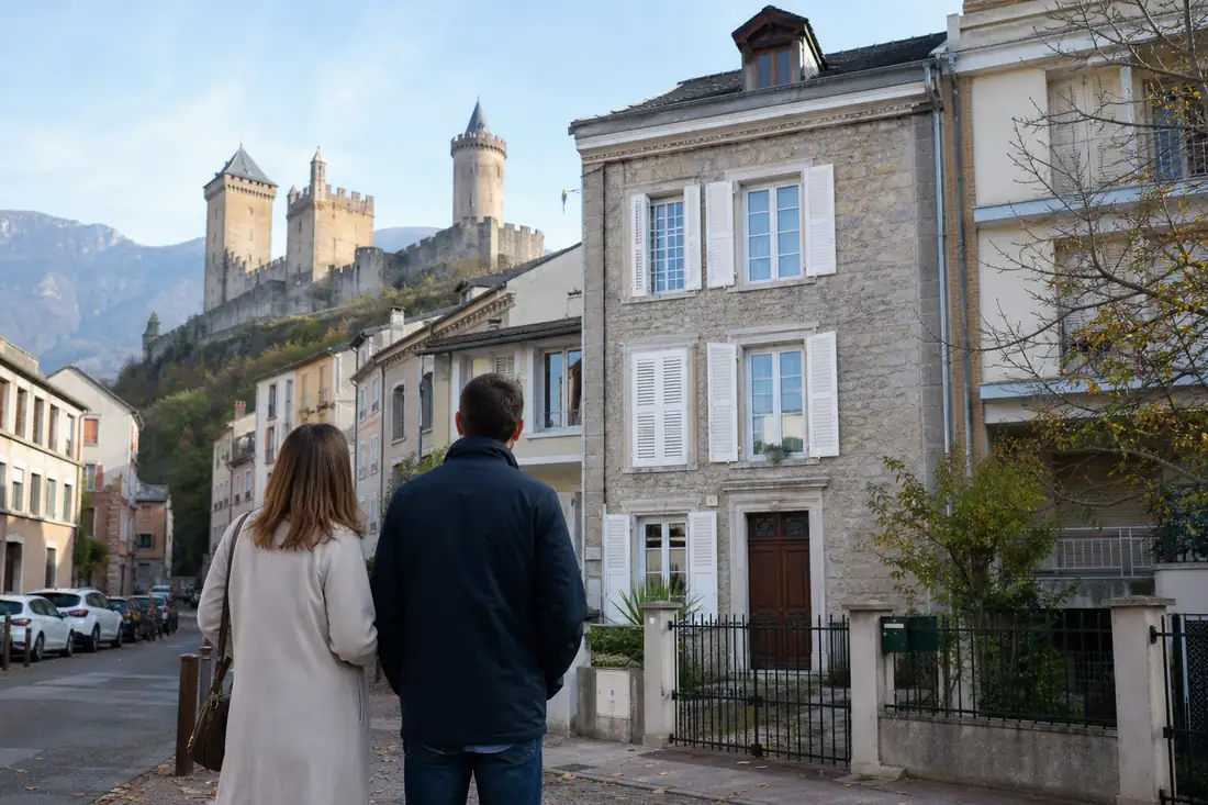 Maisons et immeubles du centre de Foix au pied du château, avec le relief ariégeois en arrière-plan.