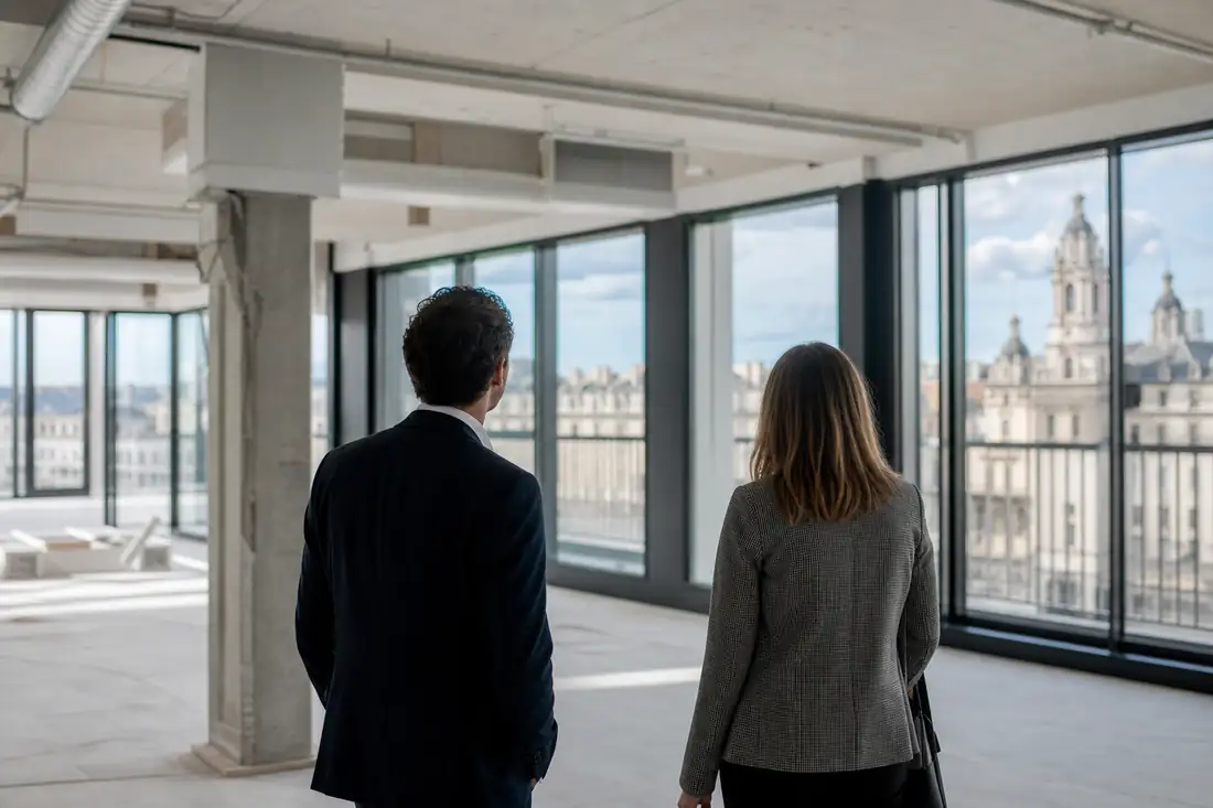 Visite d’un plateau de bureaux rénové par deux professionnels de l’immobilier commercial, vus de dos.
