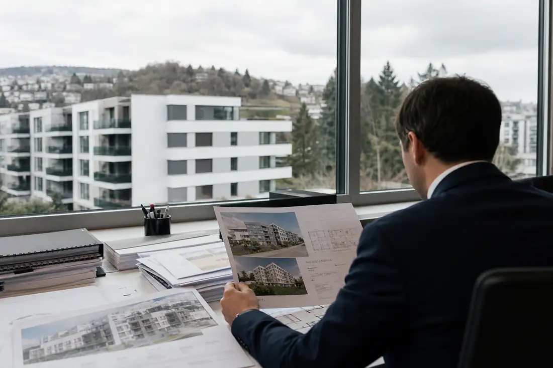 Analyste examinant un portefeuille d’immeubles résidentiels avant une opération de financement immobilier.