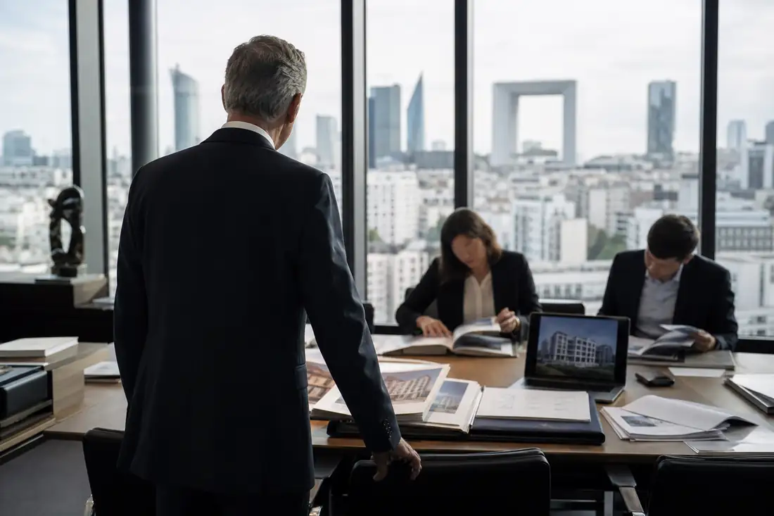 Réunion d’équipe dans un bureau de conseil immobilier autour de dossiers et plans de biens immobiliers.