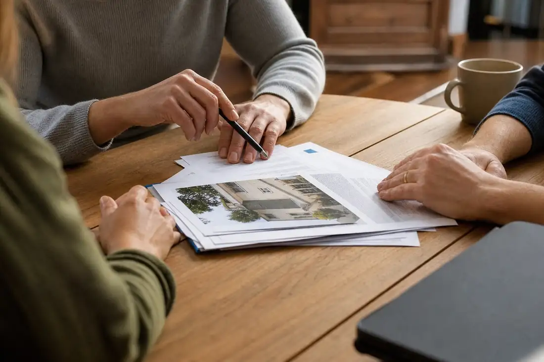 Réunion familiale d'associés d'une SCI examinant les documents de gestion du patrimoine immobilier