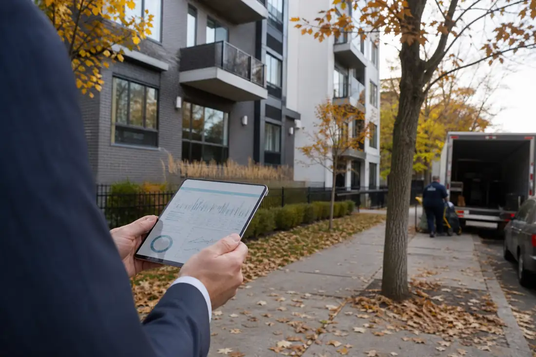 Immeuble résidentiel moderne à l’automne, illustrant une distribution d’un trust immobilier étranger.