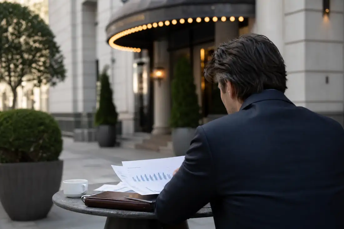 Façade d’un hôtel urbain et dossiers financiers illustrant l’analyse d’un REIT spécialisé dans l’hospitalité.