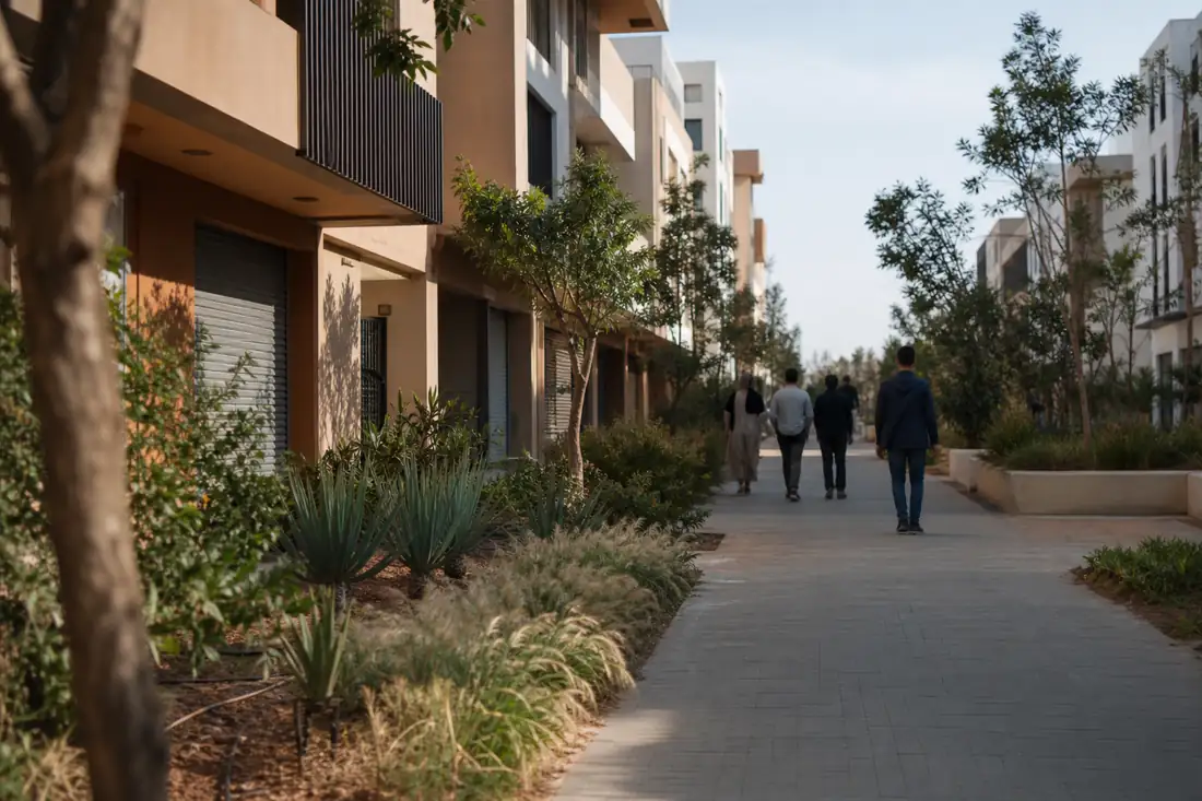 Résidence contemporaine à Rabat avec façades protégées du soleil, plantations sobres et cheminement piétonnier.