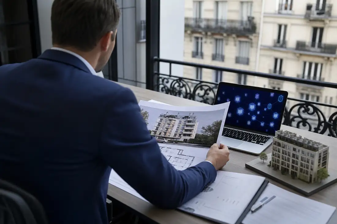Investisseur examinant les documents d’un immeuble et une interface numérique dans un bureau immobilier.