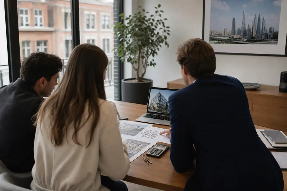 Conseiller immobilier et clients examinent un dossier d’achat international dans un bureau lumineux.