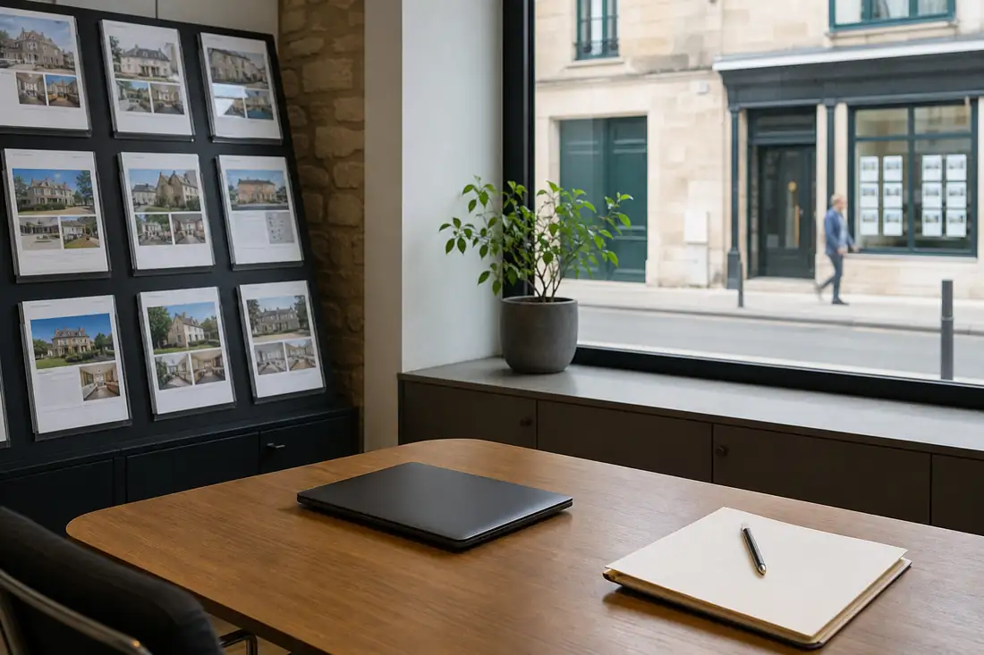Bureau d’agence immobilière avec un dossier de mandat et des fiches de biens posés sur la table