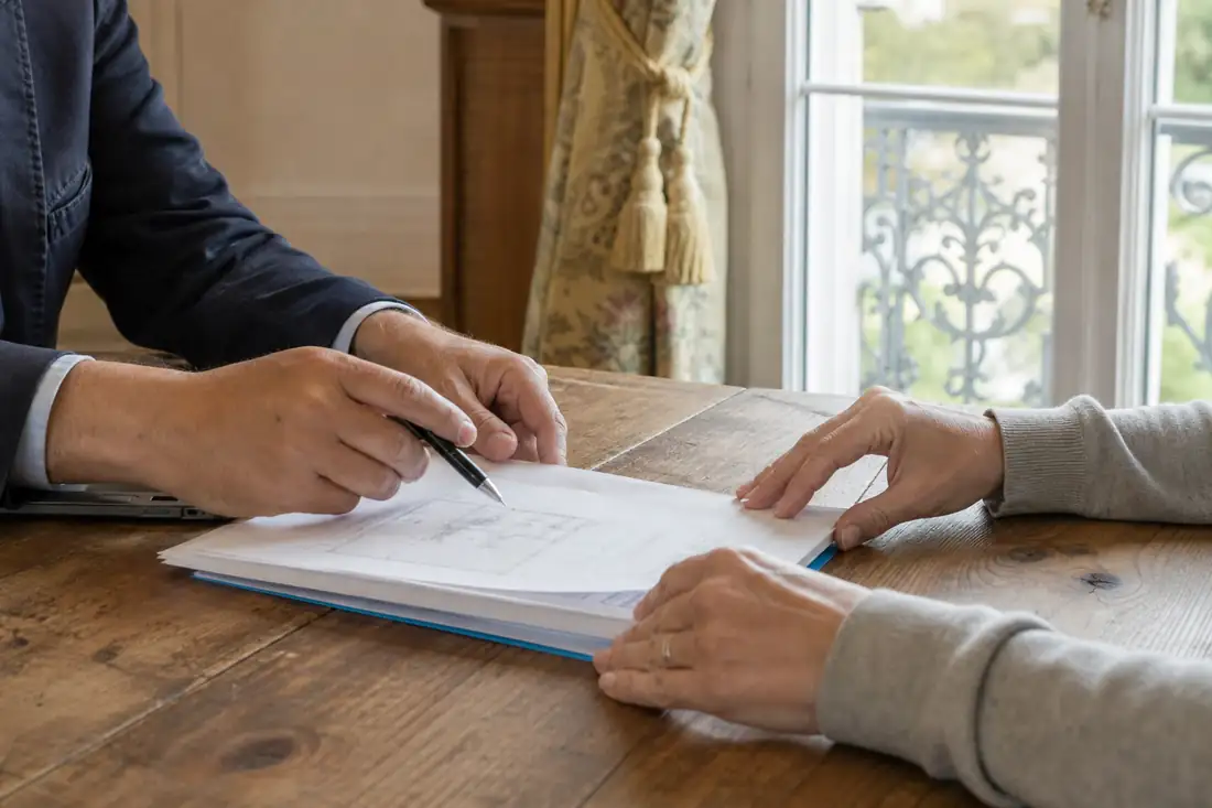 Propriétaire et conseiller examinant un dossier de financement immobilier autour d’une table