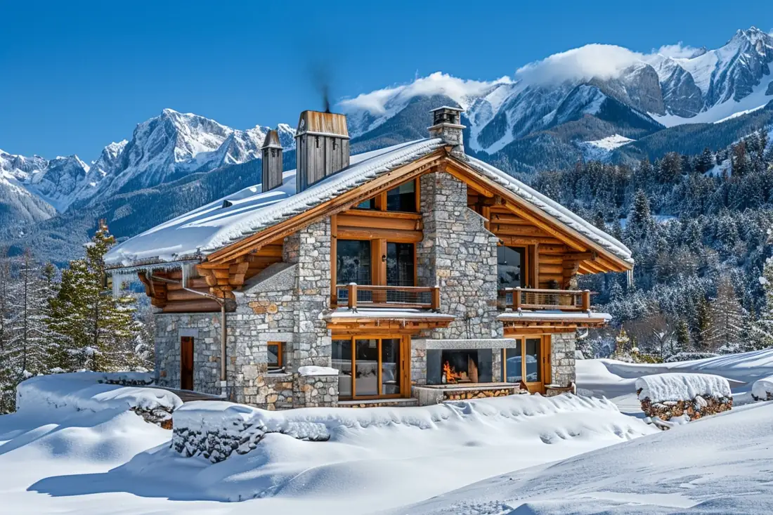 Résidence de montagne enneigée près des remontées, avec accès piéton dégagé et appartements avec balcons.