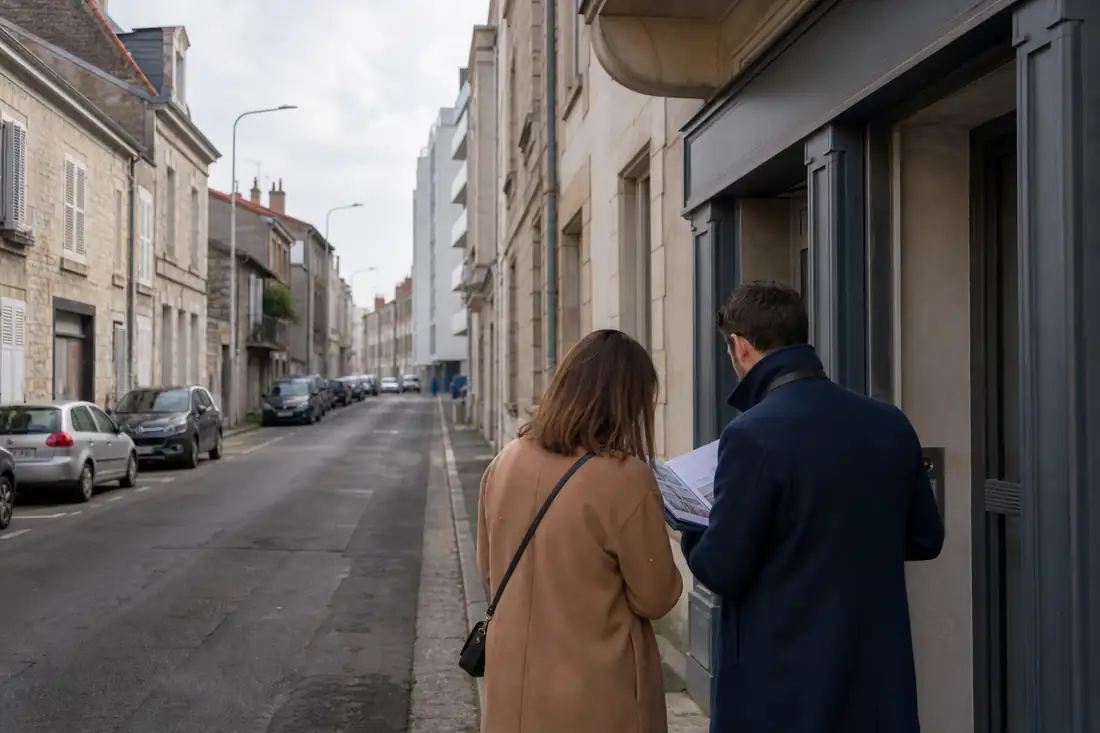 Rue résidentielle de Poitiers mêlant maisons anciennes et petits immeubles près du secteur de la gare.