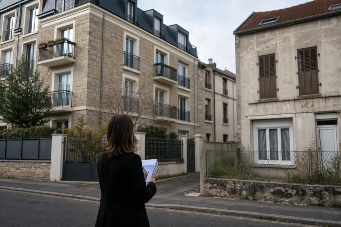 Deux immeubles résidentiels contrastés dans un quartier français, observés lors d’une estimation immobilière locale.