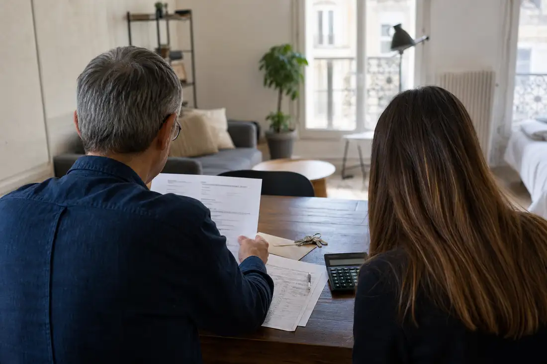 Bailleur et locataire vérifiant le calcul d’une révision de loyer sur un bail d’habitation en France.