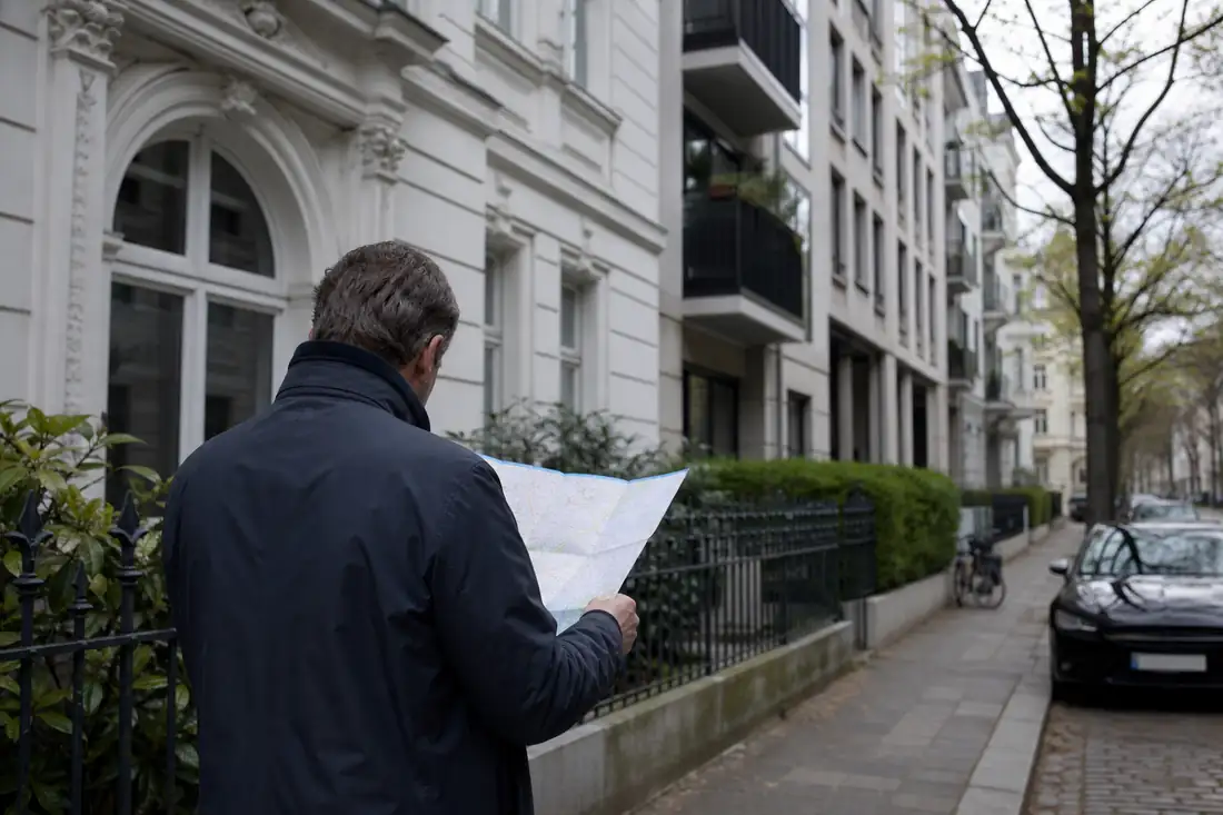 Immeubles résidentiels européens et investisseur examinant un plan de quartier devant une entrée d’immeuble.