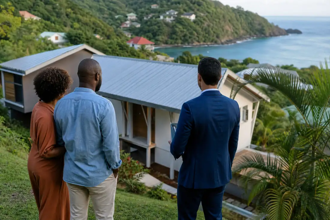 Villa sur les hauteurs de Guadeloupe avec vue sur la mer, végétation tropicale et quartier résidentiel.