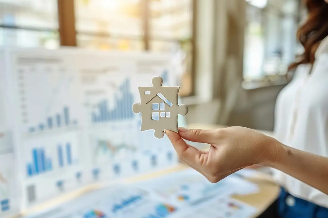 Acquéreur examinant un plan de financement immobilier et des documents de vente sur une table.
