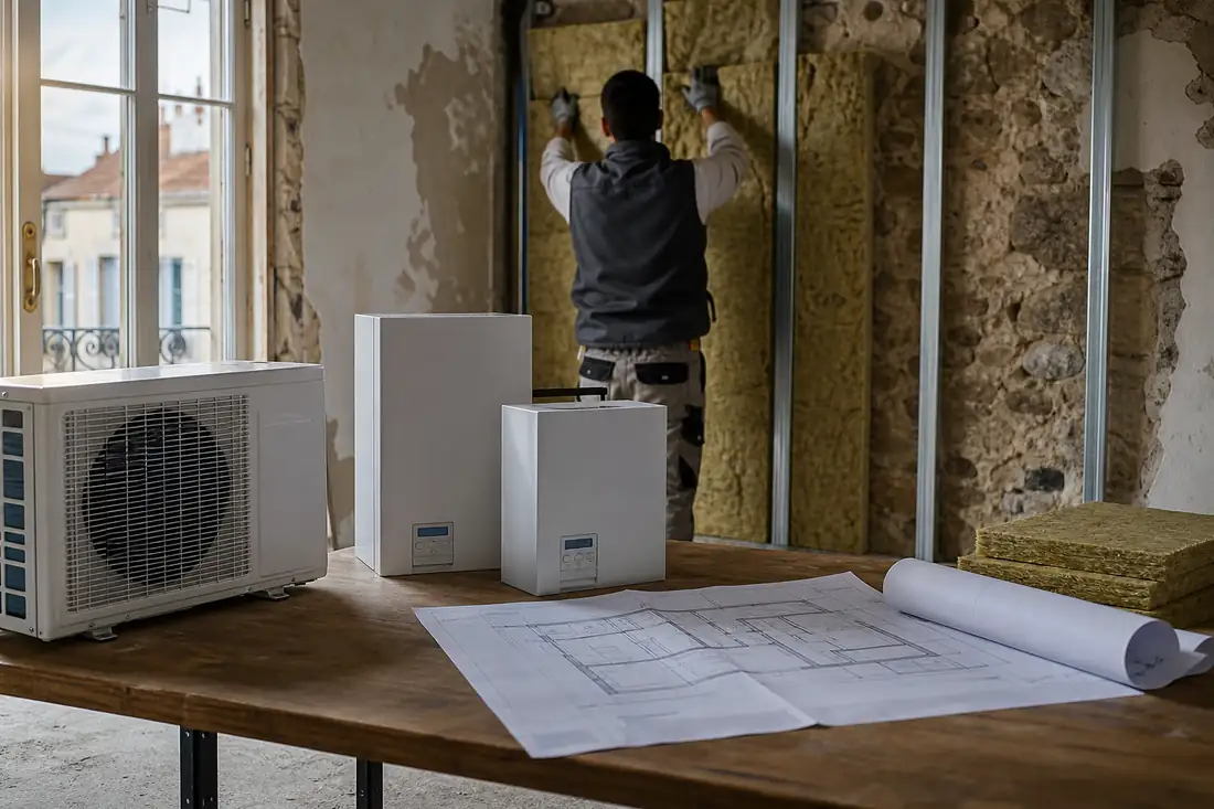 Artisan isolant un mur intérieur dans un appartement français en cours de rénovation énergétique.