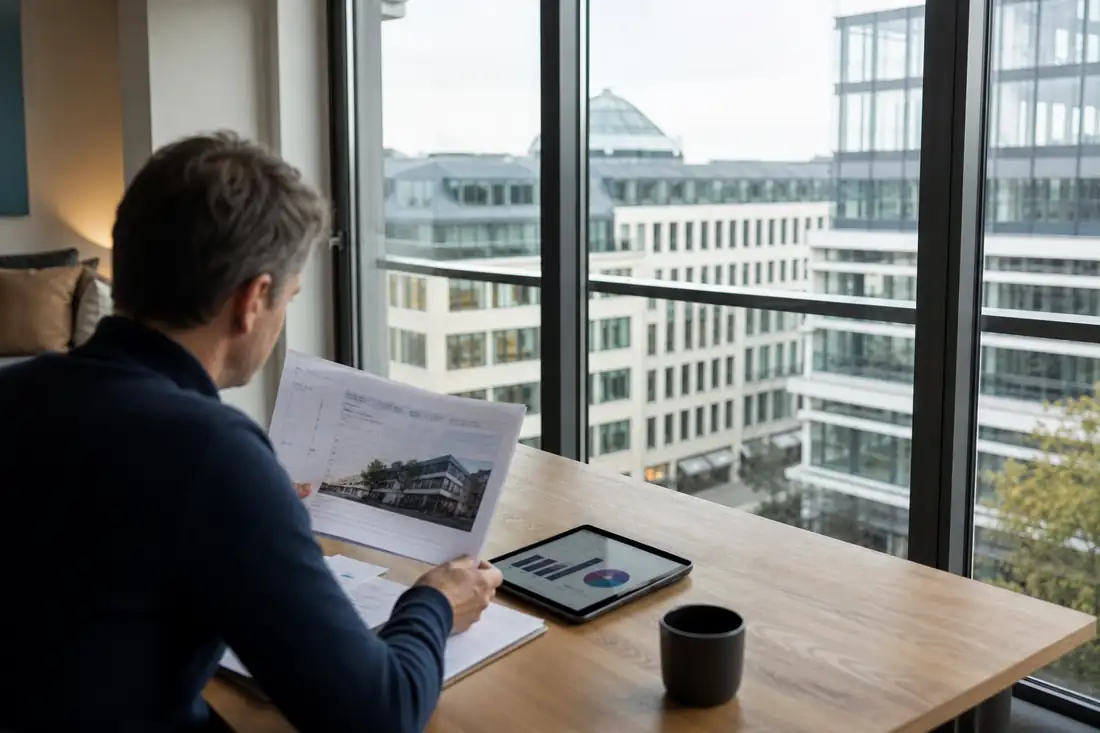 Investisseur examinant des documents de SCPI devant un quartier européen d’immeubles tertiaires rénovés.