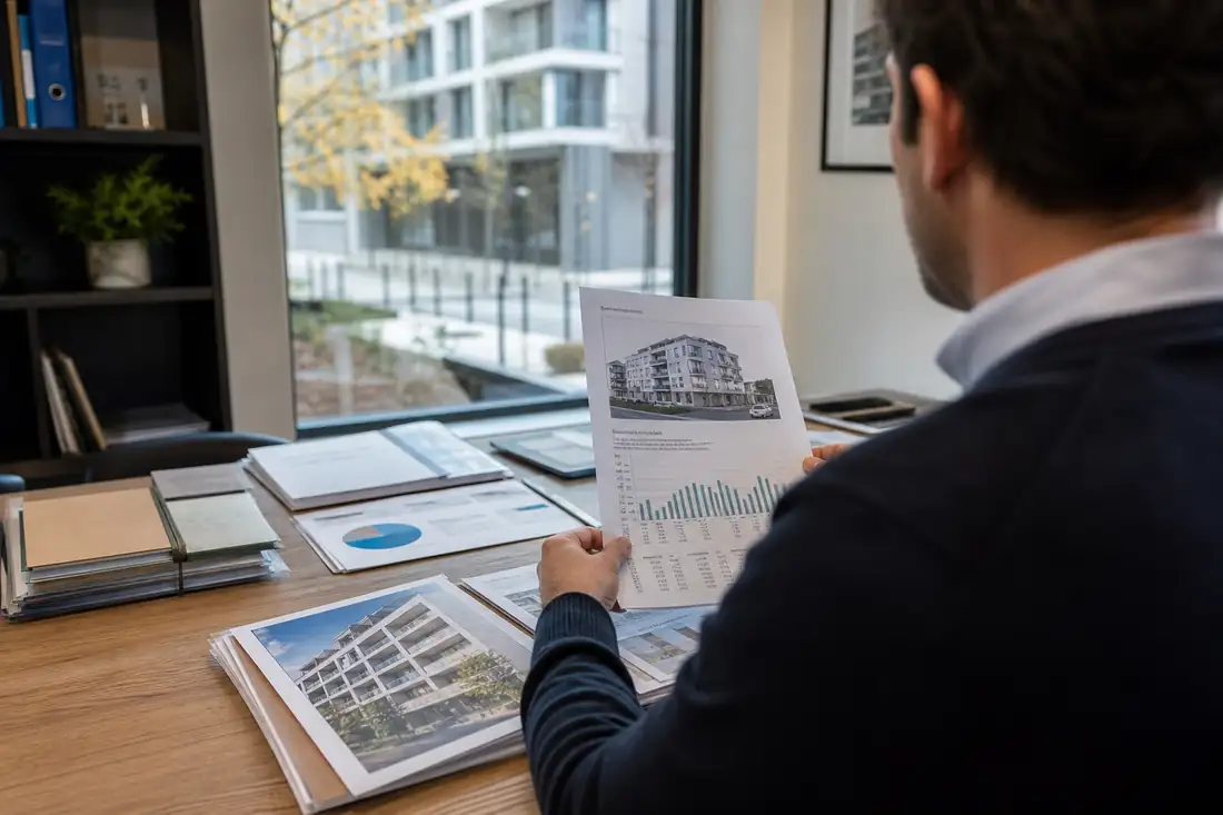 Investisseur consultant des documents de valorisation de SCPI devant un immeuble de bureaux contemporain.