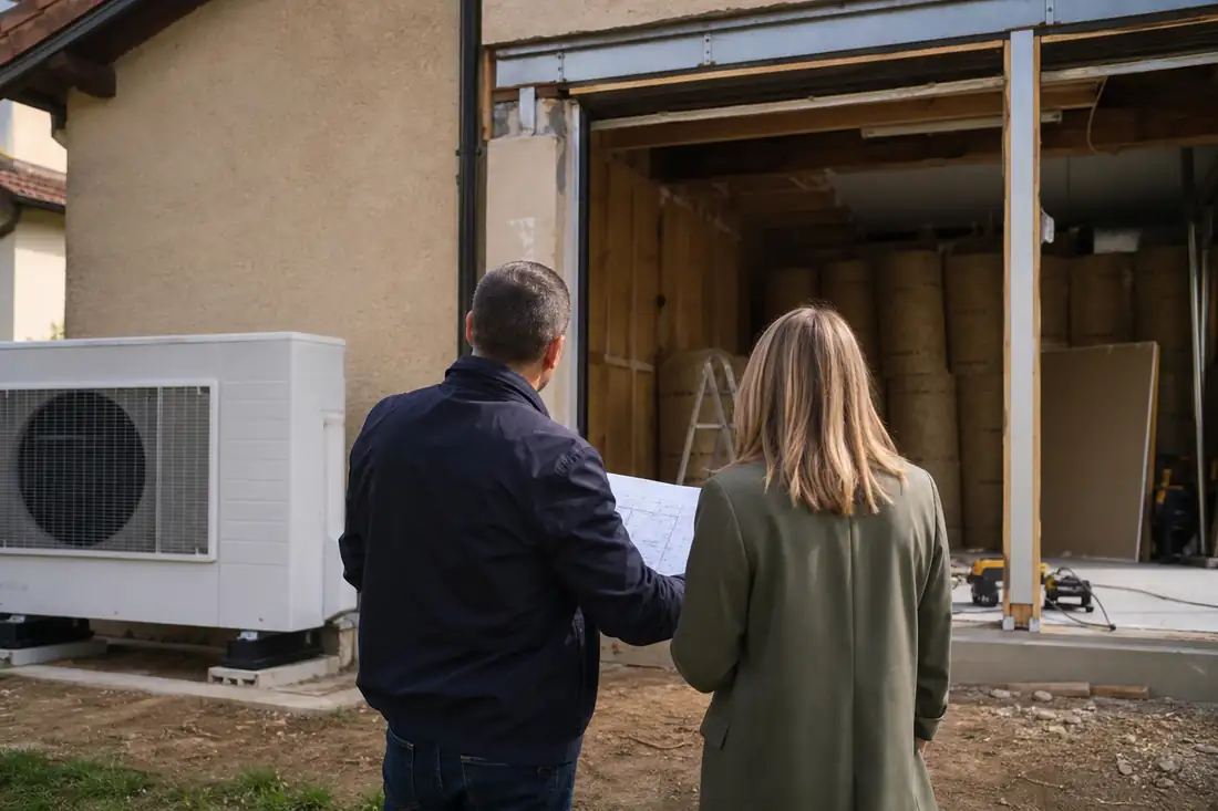 Artisan et propriétaire examinant un projet d’isolation dans une maison en rénovation énergétique.