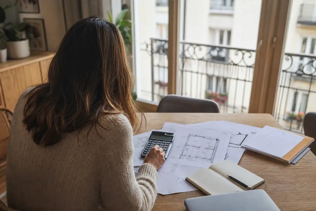 Acheteuse seule examinant son budget de crédit et les documents d’un appartement avant une offre d’achat.