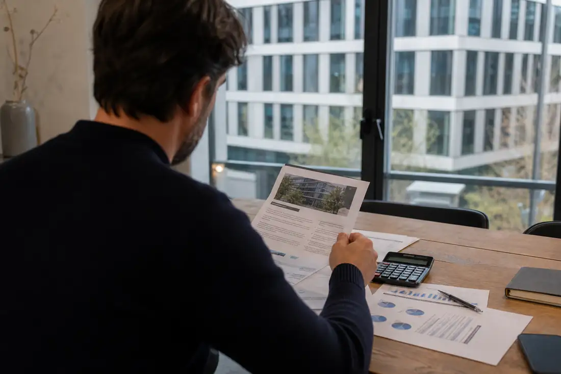 Épargnant examinant des documents de SCPI devant un immeuble de bureaux moderne en France.