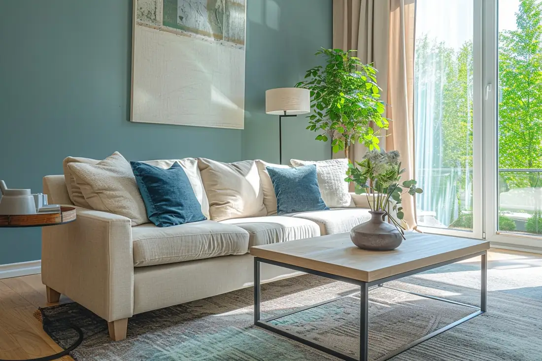Appartement locatif français lors d’une visite, dossier de candidature et mètre ruban posés sur une table.
