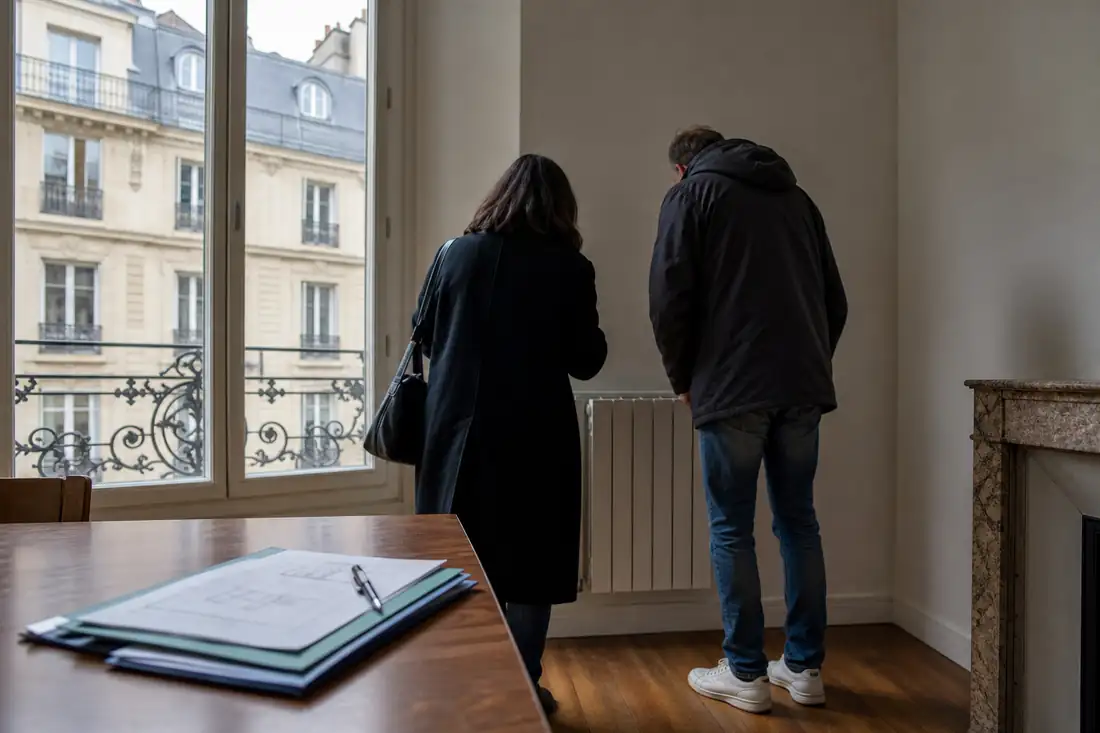 Visite d’un appartement rénové avec dossier locatif posé sur une table, dans un quartier urbain dense.