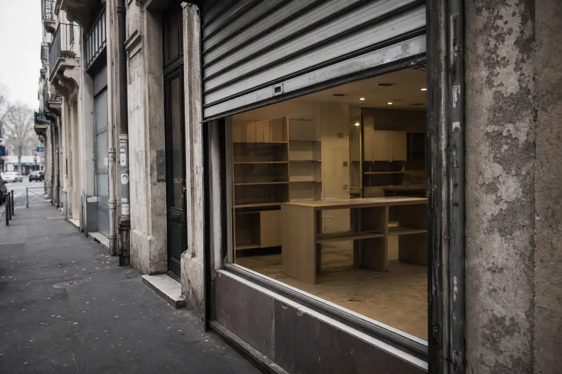 Local commercial vide en rez-de-chaussée d’un immeuble ancien, vitrine dégarnie et rideau métallique relevé